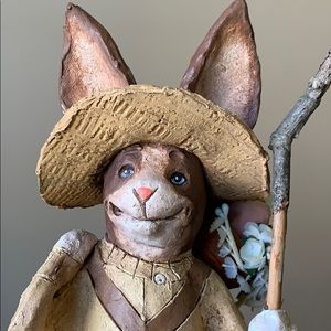 Signed clay whimsical rabbit with basket. Cute!❣️